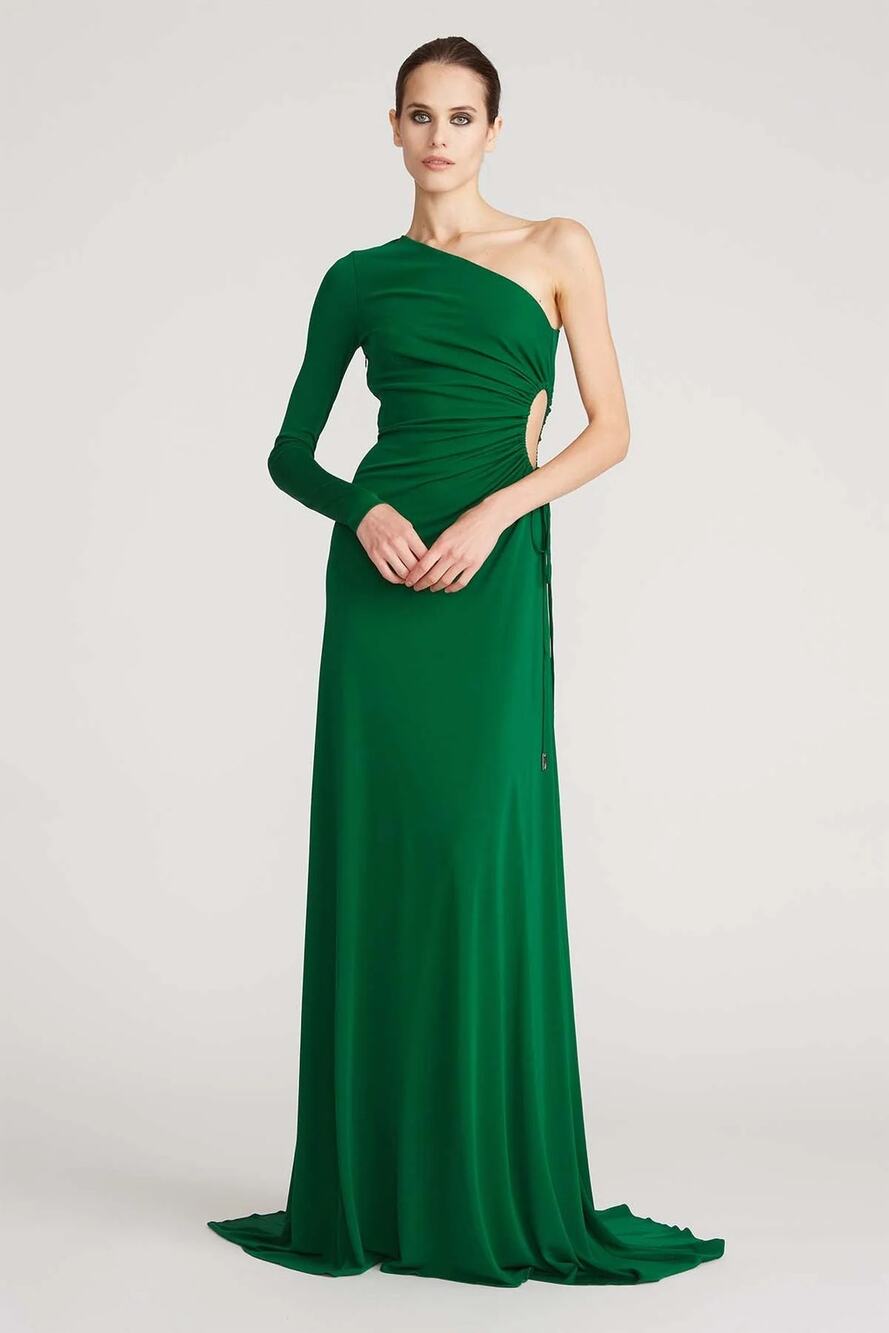 HALSTON Bay Matte Jersey Gown Jade One Shoulder Cut Out Side Women's 10